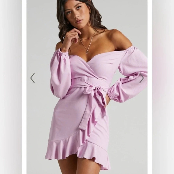 SHOWPO CANT MOVE ON OFF SHOULDER MINI DRESS IN LILAC LINEN LOOK Sz 4 NWT - Picture 1 of 5